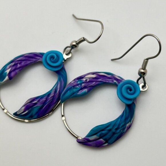 Handcrafted Floral Dangle Earrings Silver Tone & Polymer Clay Blue Flower - Picture 2 of 6